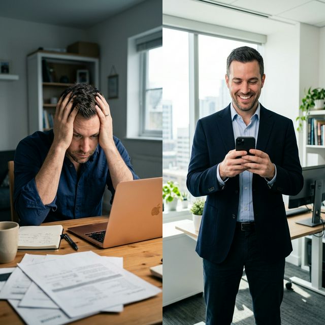 Homem frustrado antes e feliz depois