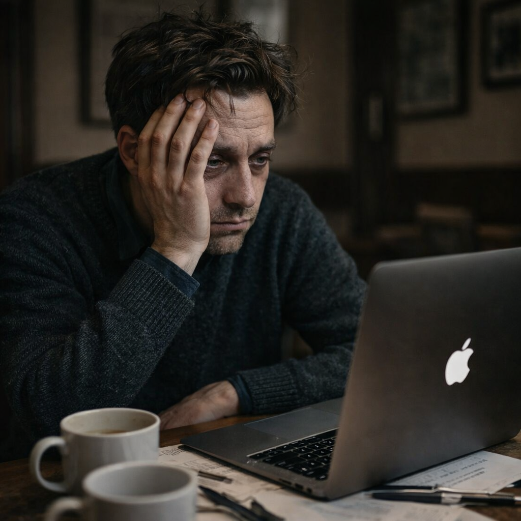 Homem frustrado olhando para o Mac